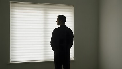 Silhouette of a person standing by a window with blinds, bathed in soft light.