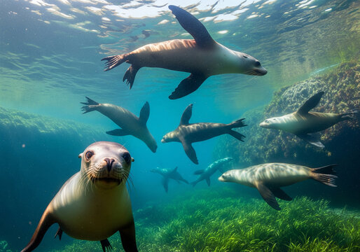 Otaries nageant sous l'eau