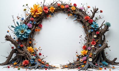 A rustic, arcing structure of entwined branches adorned with vibrant, multi-colored flowers and delicate buds, evoking a natural, enchanting doorway.