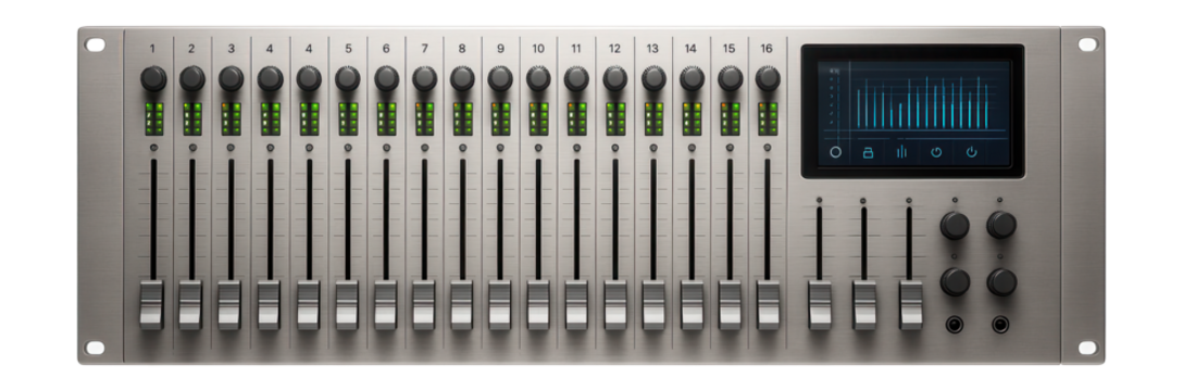 Rack-mounted audio mixer with 24 channels, sliding faders, and digital display