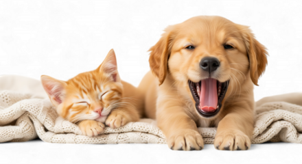 A sleepy kitten and a yawning puppy lying together on a blanket, isolated on transparent background