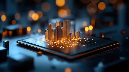 Futuristic cityscape with glowing skyscrapers emerges from digital circuit board, symbolizing innovation and technology