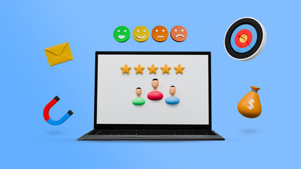 3D Customer Feedback Emojis and Rating Concept on Laptop &ndash; Blue Background