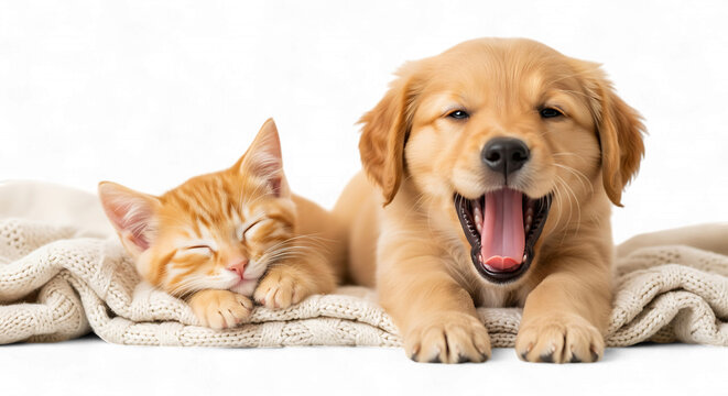 A sleepy kitten and a yawning puppy lying together on a blanket, isolated on transparent background
