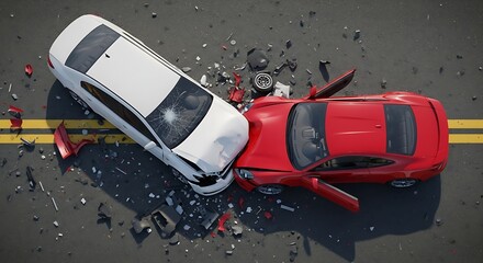 Aerial view of a severe car crash with a white sedan and a red sports car