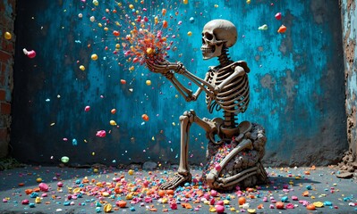 A skeleton kneels, releasing a vibrant burst of colorful, candy-like objects against a textured blue wall in a gritty setting.