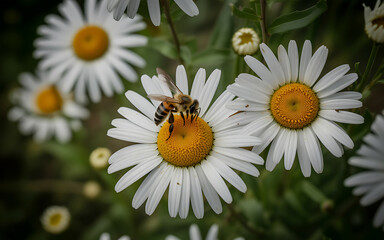 Obraz premium Vector art of closeup of a bee on a daisy flower in a garden, surrounded by other daisies