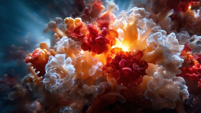 A stunning underwater view of vibrant coral formations, showcasing the beauty of marine life and colors, capturing a serene and magical underwater environment.