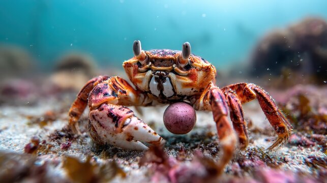 A detailed close-up photograph of a crab holding a pink marble in its claws, highlighting its unique texture, colors, and the fascinating underwater world it inhabits.
