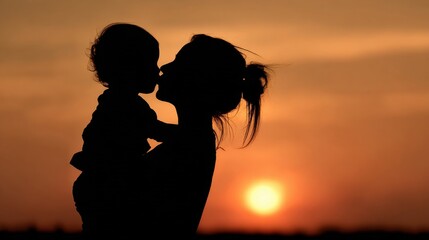 Silhouette Composition of a Mother and Child During Sunset with Warm Color Palette and Dynamic Lighting Effects