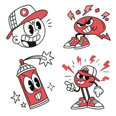 Minimilist four cartoon characters with red accents including a face, speech bubble, spray can, and figure with cap vector
