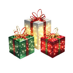 Three christmas presents decorations green red white with star lights festive holiday season celebration gift boxes isolated on transparent background