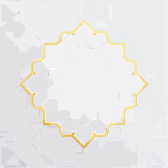 An elegant golden Islamic geometric frame on a subtle white and gray textured background.