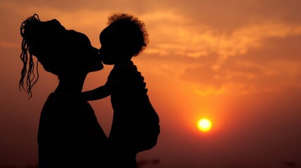 Silhouette Portrait of Mother and Child during Sunset with Warm Color Palette and Dynamic Composition