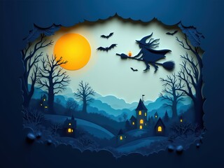 Stylized Halloween vector art with moon and witch silhouette

