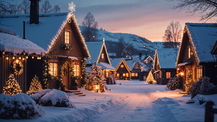 Fototapeta premium Snowy Christmas Village Street at Dusk with Holiday Lights