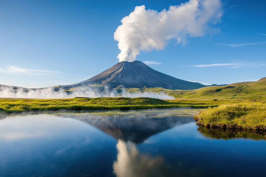 Majestic volcano with smoke plume reflected in tranquil lake, surrounded by lush green landscape under clear blue sky - Powered by Adobe