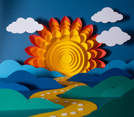 Papercraft sun and clouds over rolling hills sunrise