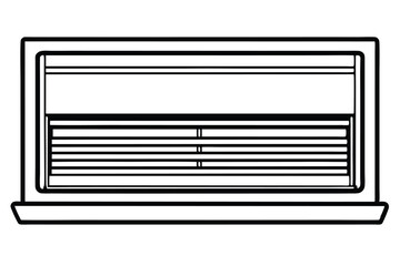 Black and White Illustration of an Open Window with Horizontal Blinds and Window Box