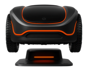Compact robotic lawn mower with a sleek black top and orange accents, featuring a docking station for automatic charging