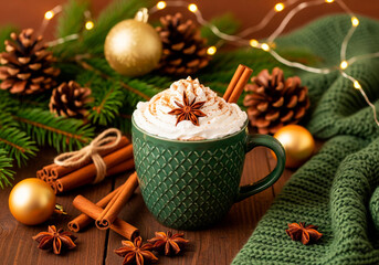 Christmas Mug with Whipped Cream, Cinnamon & Star Anise &ndash; Holiday Drink Visual for Festive Marketing, Menus & Cozy Lifestyle Brands
