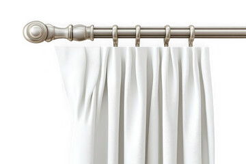 Elegant white curtain with metal rod and rings, window treatment, home decor, textile fabric, interior design isolated on transparent background