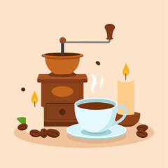 Obraz premium Cozy coffee illustration with a manual grinder, coffee beans, a steaming cup, and candles, perfect for a relaxing atmosphere and enjoying a freshly brewed hot beverage.