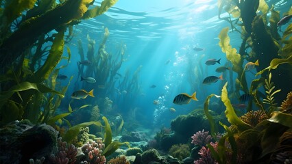 Fototapeta premium Vibrant Underwater Scene with Kelp Forest and Swimming Fish