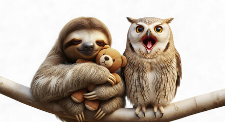 Obraz premium A sleepy sloth hugging a teddy bear next to a surprised owl on a branch, isolated on transparent background