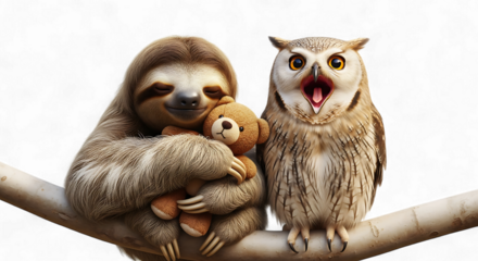 A sleepy sloth hugging a teddy bear next to a surprised owl on a branch, isolated on transparent background