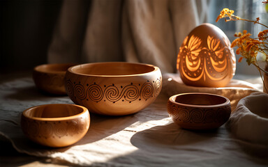 Vector art of hand carved wooden easter egg with floral pattern and wooden bowls on a rustic table