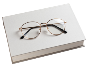 Pair of reading glasses folded on a hardcover book, isolated on a transparent background