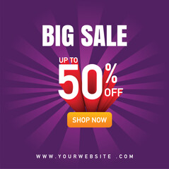 Eye-catching "Big Sale Up to 50% Off" promotional banner with bold red text and purple burst background. Ideal for ecommerce, digital ads, and marketing campaigns.

