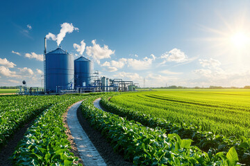 High tech biomass energy facility stands amidst lush agricultural fields under bright blue sky