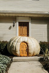 Giant pumpkin home with tiny door and front entrance creates whimsical halloween or fall decoration