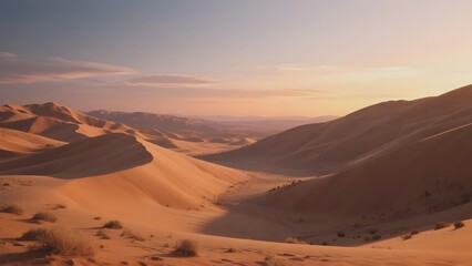 Naklejka premium Golden Hour Over Rolling Sand Dunes in a Vast Desert Landscape