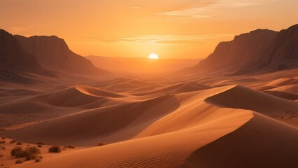 Naklejka premium Golden Sunset Over Rolling Sand Dunes in a Desert Landscape