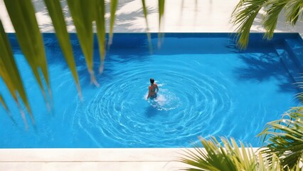 Person swimming in a clear blue pool surrounded by palm leaves