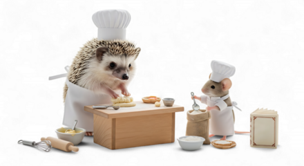 A hedgehog and a mouse dressed as chefs, busy preparing food together in a miniature kitchen, isolated on transparent background