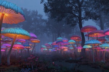 Mystical forest path lined with glowing mushrooms.  Colorful, vibrant, and surreal.  Foggy, twilight atmosphere.  Many mushrooms of varying shades of pink, blue, and purple.  Trees line the path