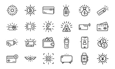 A Comprehensive Set of 24 Finance and Technology Line Icons Featuring Cryptocurrency, Banking, Security, Mobile Payments, and Digital Wallets