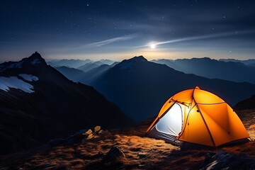 Touristic illuminated tent at campground in mountain. Generative AI