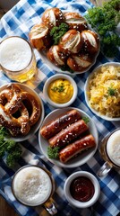 A delightful assortment of German snacks with beer, including pretzels, sausages, mustard, and sauerkraut on a checkered tablecloth.