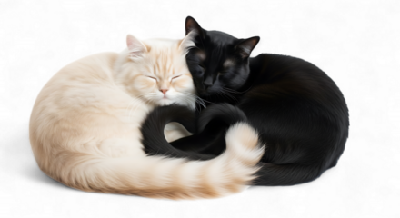 Two cats, one black and one cream colored, sleeping curled up together, isolated on transparent background