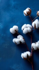 Cotton branch with fluffy bolls against a blue textured surface, highlighting natural materials and peaceful, minimalist aesthetics.