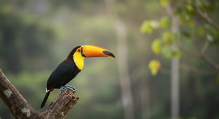 Obraz premium A vibrant Toco Toucan with a brilliant orange beak perches on a weathered branch, basking in the soft light of a tropical rainforest.