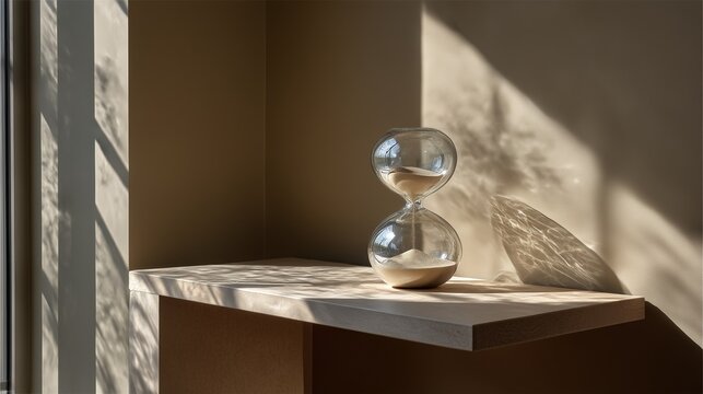 Elegant hourglass on a minimalist table in soft morning light   - Powered by Adobe