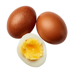 Photo of three brown speckled eggs one cut in half showing the yolk and white on a transparent background