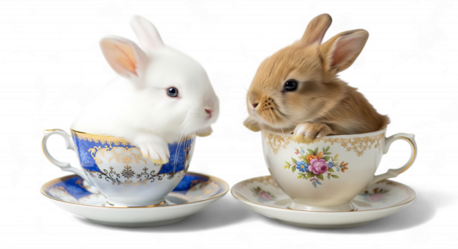 Two adorable baby bunnies sitting in vintage teacups, isolated on transparent background