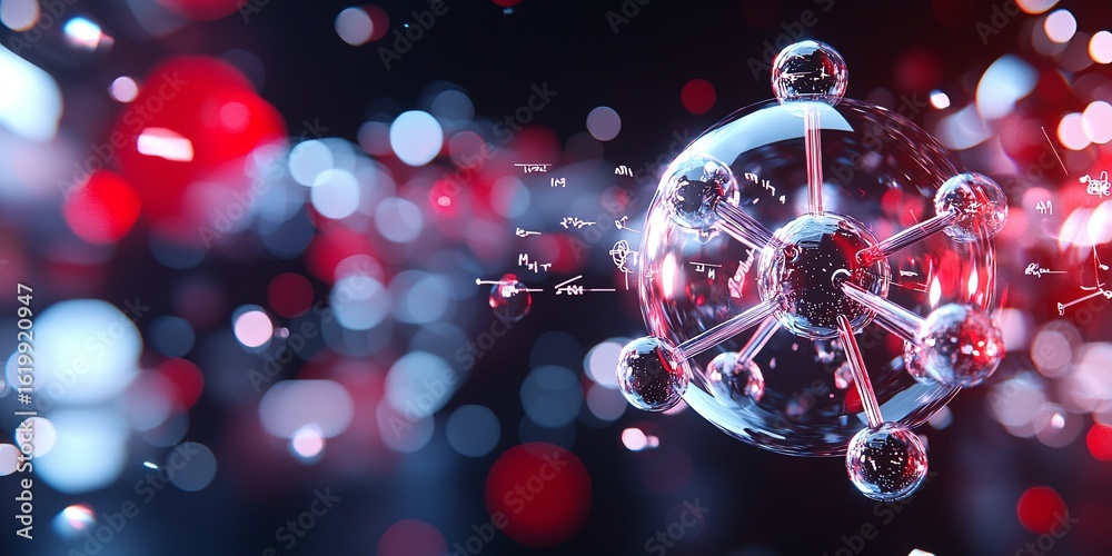 Wall mural quantum mechanics concepts illustrated with floating equations, a transparent atom model, and a subt